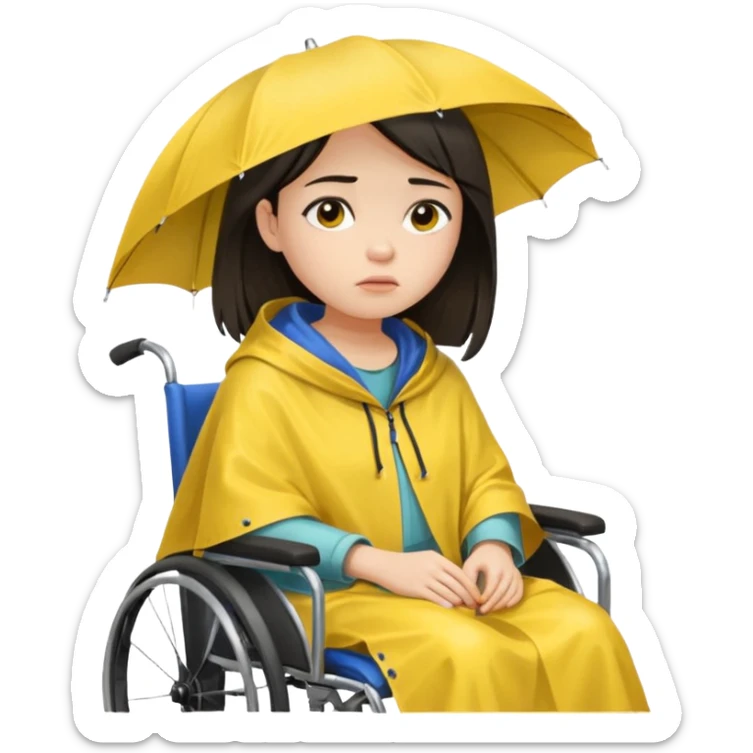 Girl with dark hair  in a wheelchair with rain poncho sad  sticker