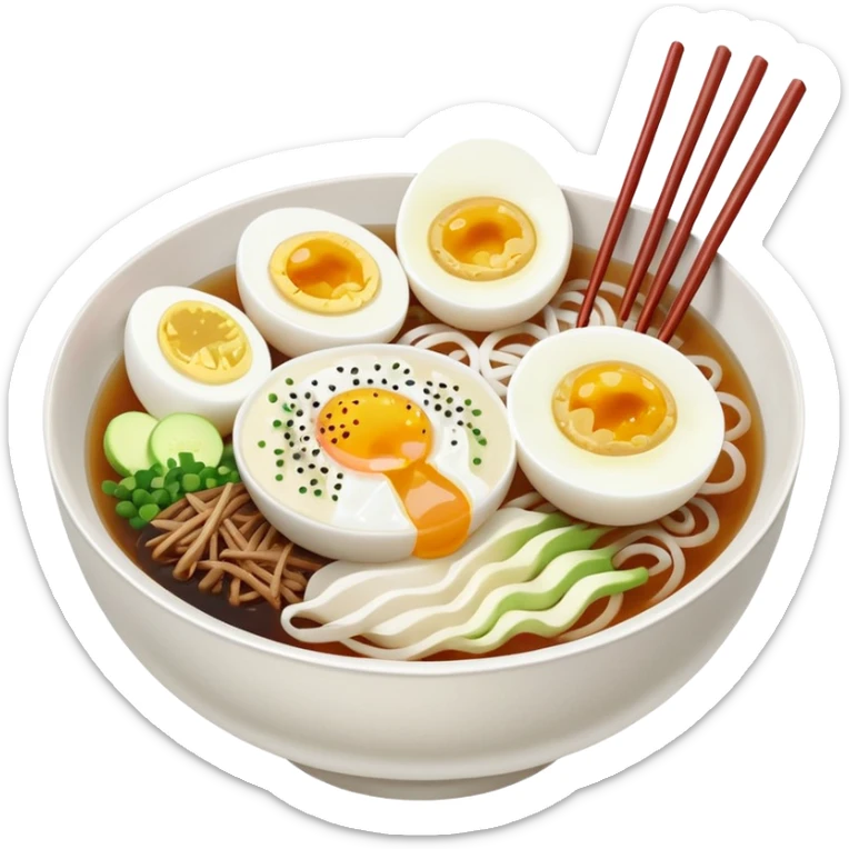 a bowl of naengmyeon with clear broth, topped with half a boiled egg, no other toppings, chopsticks included sticker
