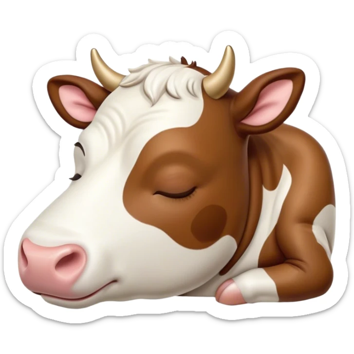 Meme-Worthy Cute Sleeping Brown and White Cow Portrait Emoji, Head resting peacefully with a contented smile, showcasing a robust build and a luxuriously soft patterned hide of brown and white, eyes shut in a serene, restful nap, Simplified yet hilariously adorable features, highly detailed, glowing with a soft, drowsy light, high shine, relaxed and utterly lovable, stylized with an air of playful laziness, bright and heartwarming, soft glowing outline, capturing the essence of a comically sleepy cow, so meme-worthy it feels like it could instantly become the next viral sensation of adorable slumber! sticker