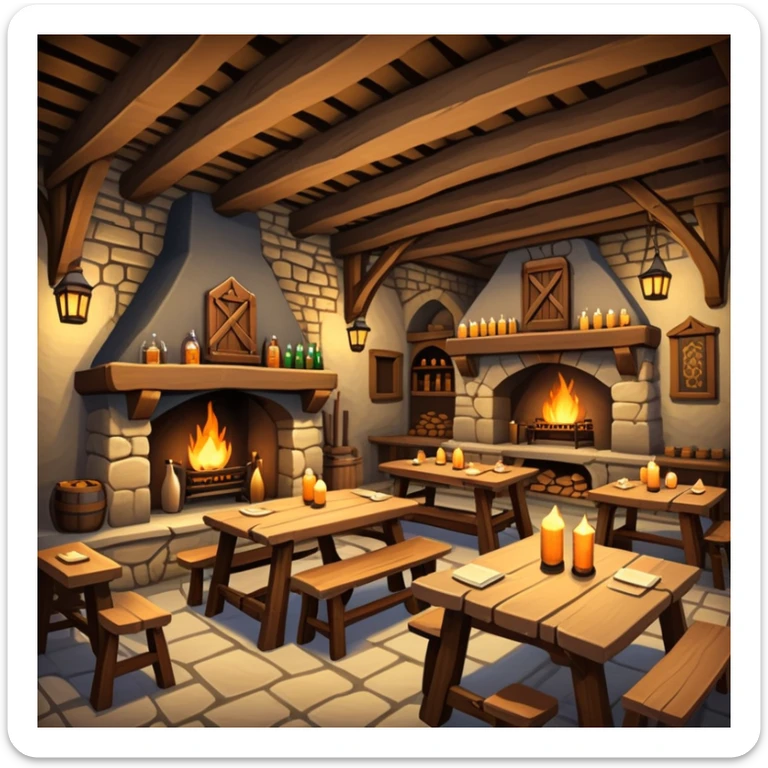 cozy medieval fantasy tavern with wooden beams, fireplace, and tables where adventurers gather sticker