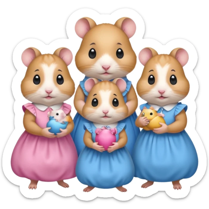 Family hamsters 5 mom dad baby boy wearing blue 2 girls wearing pink dresses and 3 have dummy’s in the mouth sticker