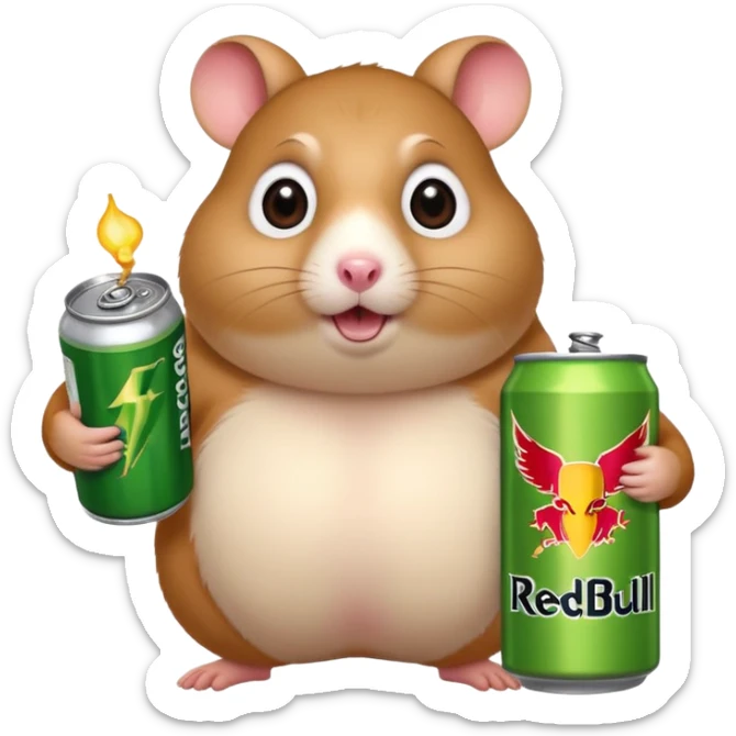 Funny cartoon-style fat hamster with big wide eyes  holding a can of monster energy in one hand and redbull in the other hand sticker