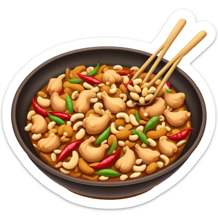 Kung Pao Chicken with peanuts and dried chilies in wok, simplified emoji style with bold outlines and bright colors, cartoon style Gongbao Jiding classic stir-fry sticker