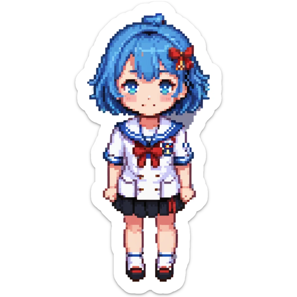 Pixel art anime girl with short bright blue hair wearing Japanese sailor style school uniform, trying to look confident with hand on hip but shyly waving with other hand, blushing cheeks and avoiding eye contact sticker