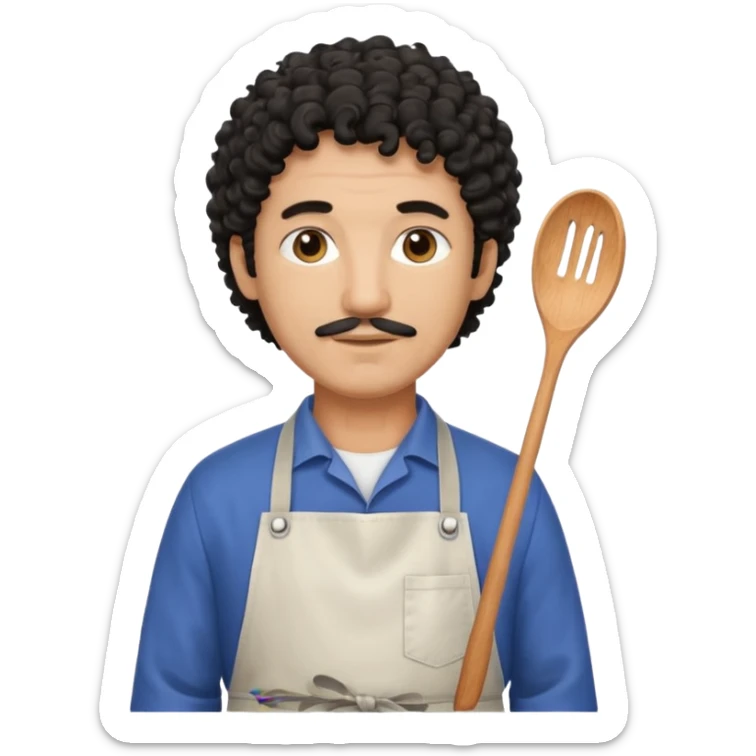 homme 50 ans cheveux frisé noir artiste peintre avec tablier d'art sticker