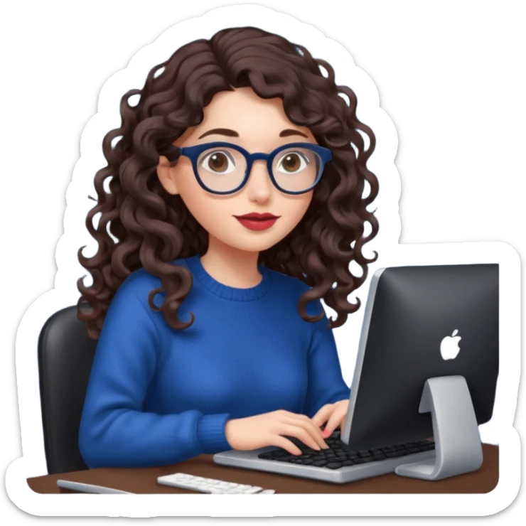 a white young woman with very long wavy dark brown/chocolate hair with curls at the end of her long hair typing in a computer. she's using round glasses, her lips are light red and her cheeks slightly pink. Her eyes are dark brown. She's using a dark blue knit sweater  sticker