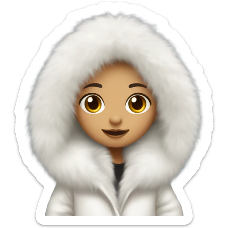 Girl in a extremely big fluffy oversized white fur coat with hood on. The fur is real and it’s very obvious big and fluffy  sticker