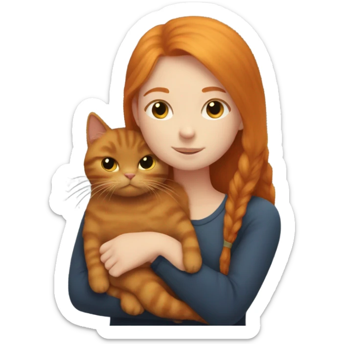 Ginger girl with straight hair cuddling with a very fluffy black cat  sticker