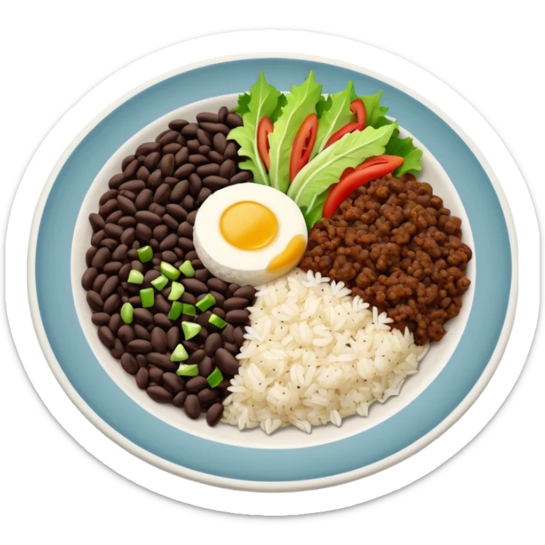 Food plate divided in 4 parts: rice, black bean, minced meat and salad

 sticker