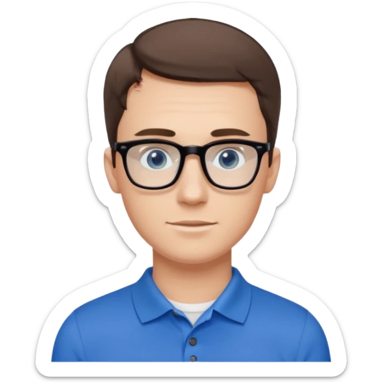 Scott The Woz Young white man, late 20s, short brown hair, blue eyes, clean-shaven, thin black rectangular glasses, slim build, wearing a blue polo shirt, friendly and energetic look. sticker