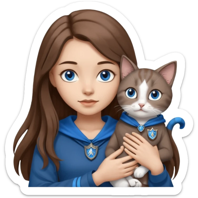 gorgeous Girl with light skin, blue eyes, long brown hair, wears a ravenclaw outfit, with a grey and white cat holding in her arms sticker