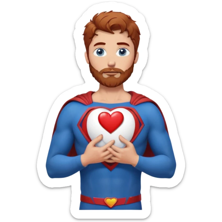 Adult-tall-full body- Superman-with redish brownish messy hair-full neatly trimmed beard-blue eyes-holding a heart with both hands on chest sticker