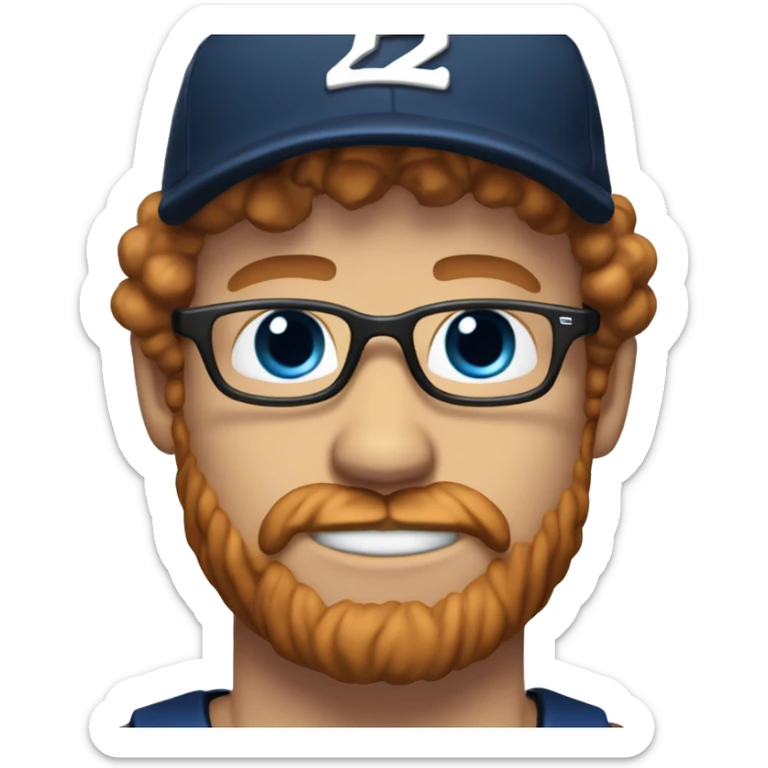 35 years old, male, short curly red hair, glasses, black baseball hat, blue eyes, pale complexion, thick beard and thin mustache sticker