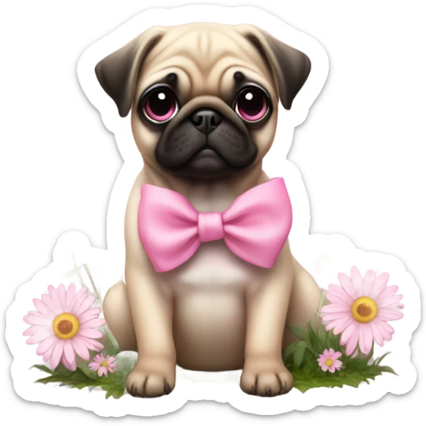Baby pug with big pink
eyes wearing a pink bow on her head sitting in daisy's  sticker
