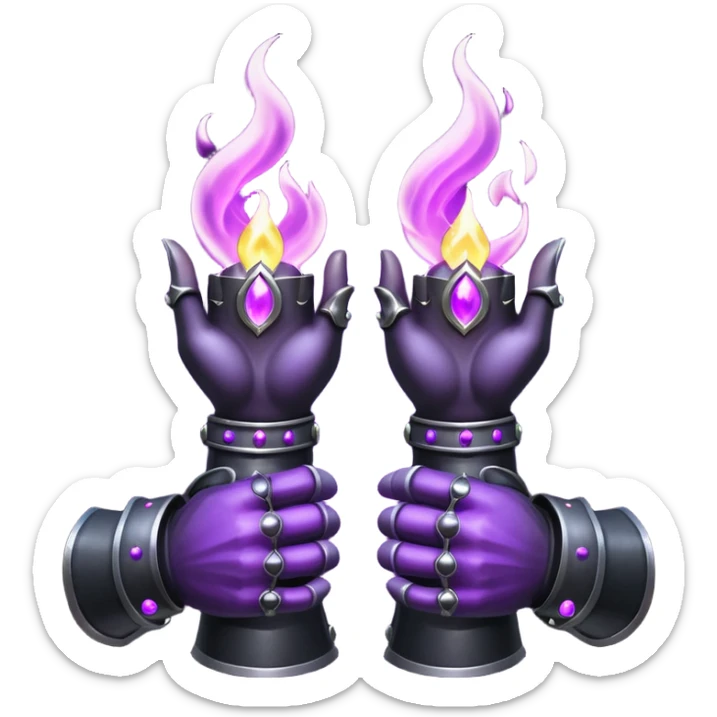 A Discord emoji of a pair of black armored gauntlets holding a flickering violet flame. The hands are positioned as if offering a gift. Dark gothic fantasy, glowing magical effects, high contrast, 2D vector style, white background. sticker