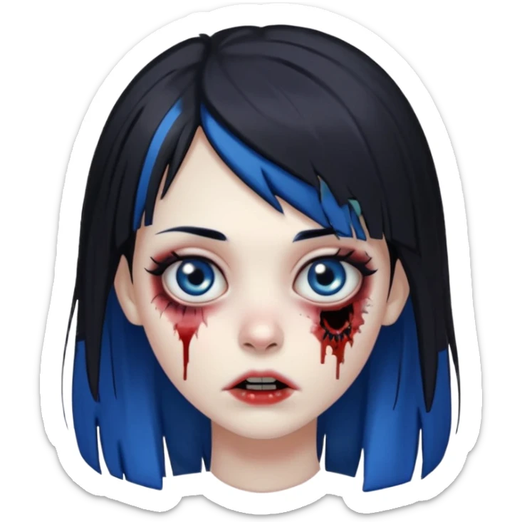 faça uma menina zumbi bonita com um cabelo liso, franja e que metade da franja seja azul e o a outra metade e resto do cabelo sejam pretos sticker