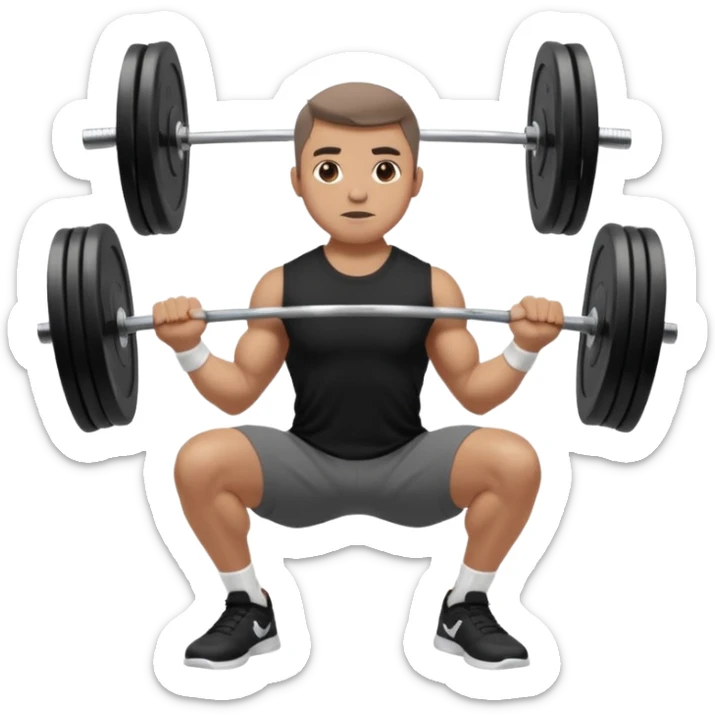 Hombre vestido con playera negra, pants gris y tenis blancos tipo jordan haciendo sentadilla libre con barra con un disco de 20 kilos por lado  sticker