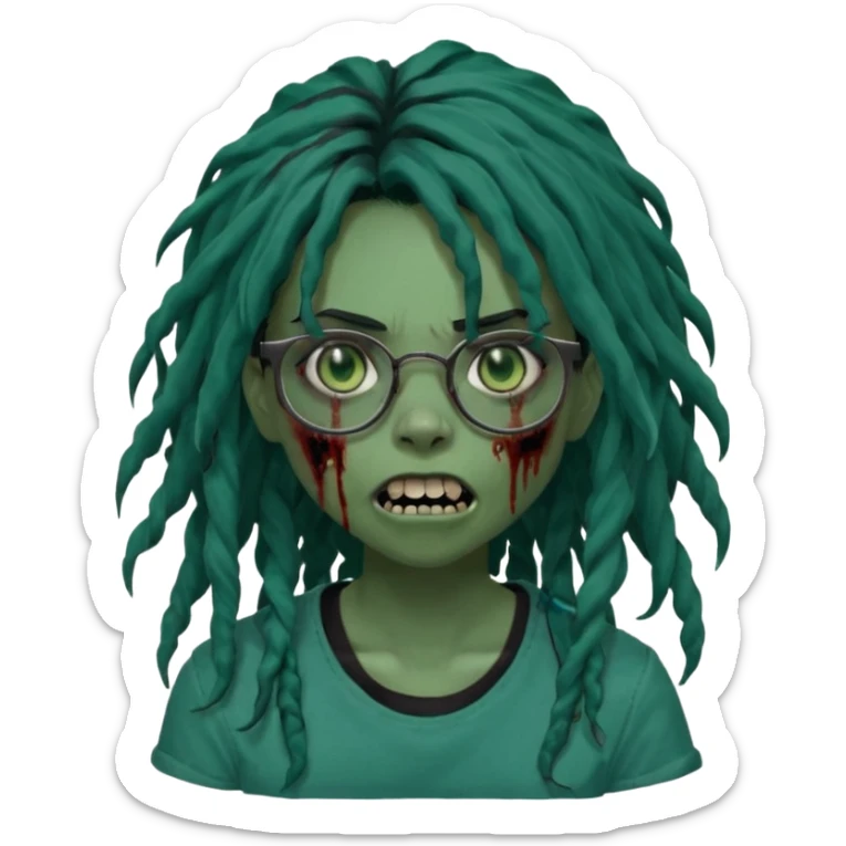 One girl greenskinned, zombie with glasses, with ombre black roots, dark teal long locks & side bang of her locs that fall over slightly covering the right eye, a sinister expression w/ the mouth open, teeth showing, and the jaw uneven. with a small wound near its mouth, her locks curly, black shirt sticker