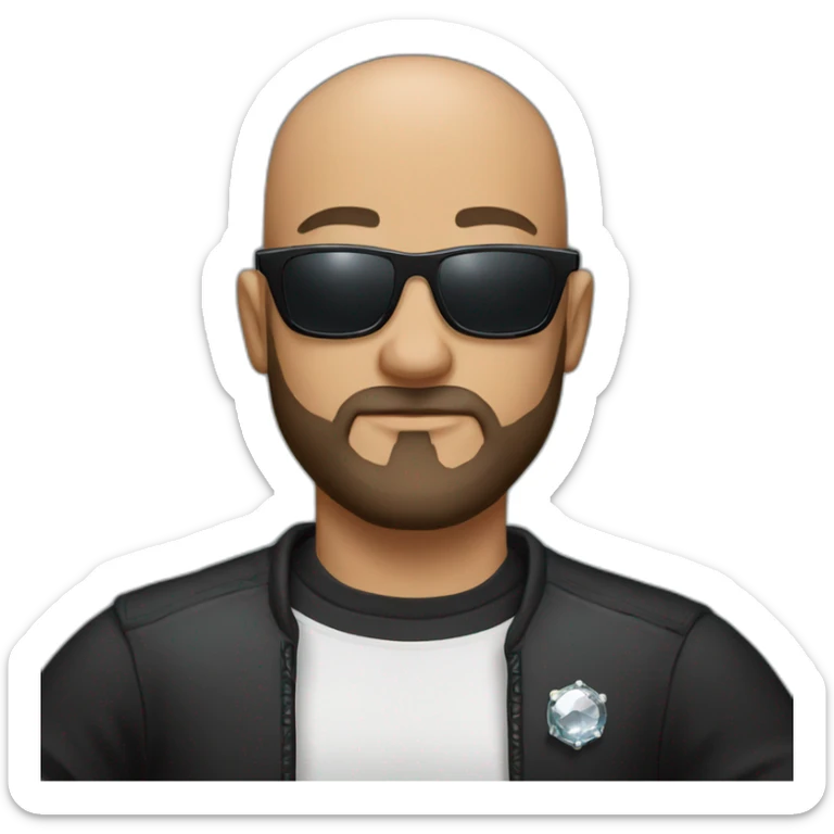 bald man with black shirt having sunglasses and a beard arms akimbo with a diamond watch sticker
