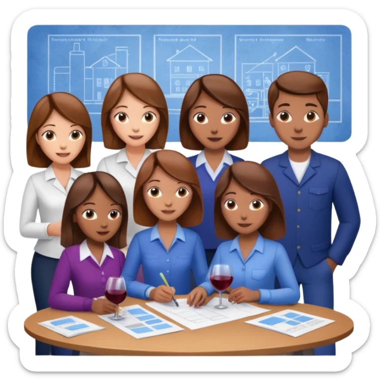 Make a photo of 5 project managers, specifically 3 girls with brown hair and 2 boys, that are making project for improvement of the winery sticker