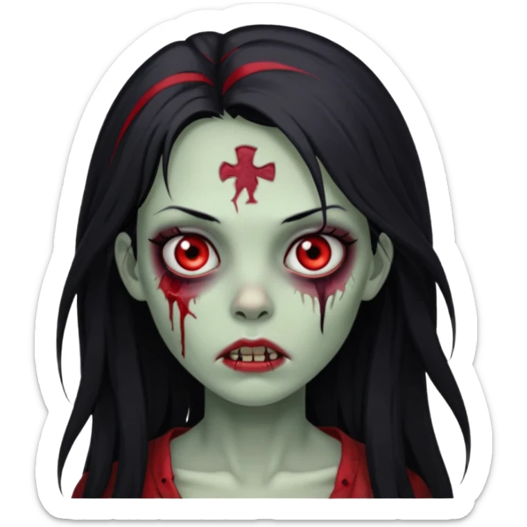 Garota zumbi cabelo longo preto, mechas vermelhas SOMENTE nas laterais, na frente da cabeça sticker