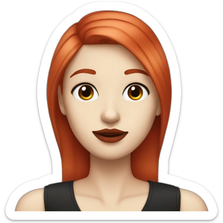 straight long red hair,red lipstick,black eyes, white skin and a small nose sticker