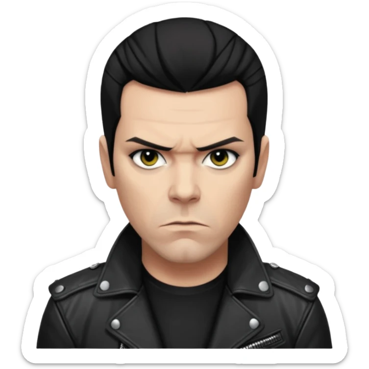 Richard Kruspe, rockstar attitude, dark hair, hint of eyeliner, black jacket sticker