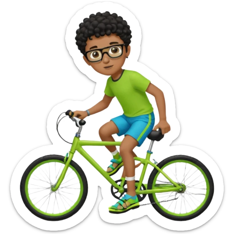 Menino pardo com cabelo curto cacheado preto raspado dos lados, de óculos preto quadrado e blusa verde e amarela bermuda preta e chinelo azul andando de biblicleta verde neon sticker