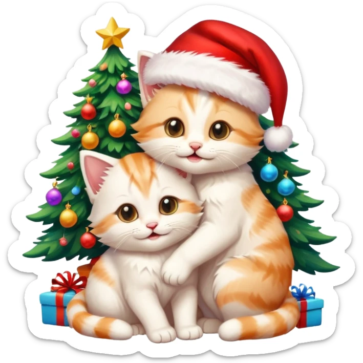 two hugging cream and white happy fluffy cute smiling kittens with Santa hats by a colorful multicolored brightly lit up Christmas tree sticker