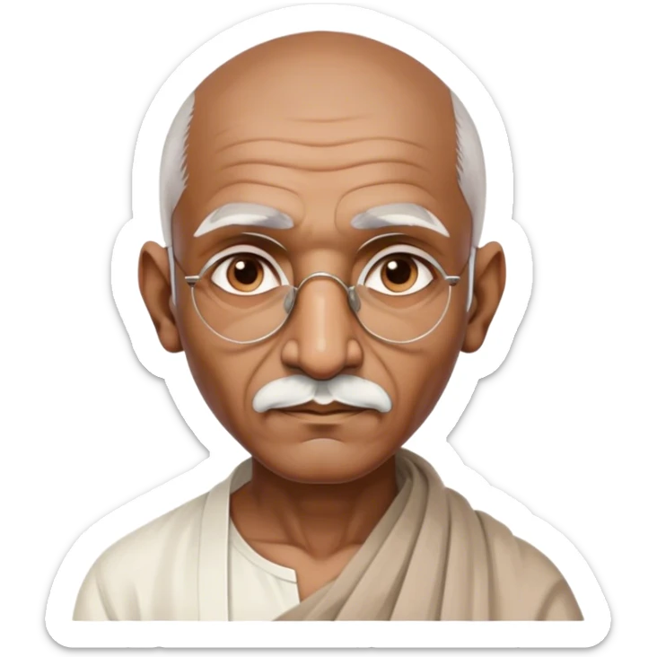 Cinematic Realistic Mahatma Gandhi Portrait Emoji, depicted as a humble, wise leader in simple attire with a serene determined expression, rendered with soft textures and warm natural lighting that captures his peaceful yet resolute spirit. sticker