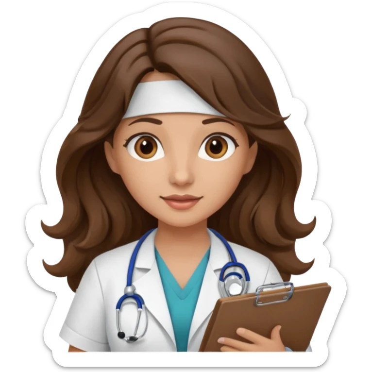 make a brunette nurse with long brown wavy hair and brown eyes holding a clipboard. she should also have a stethoscope around her neck. sticker