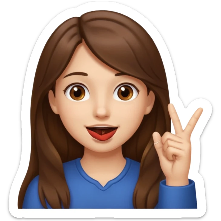 Emoji Fille cheveux long et brun yeux brun avec un doigt dans la bouche et sa mains un peut lancer et quel elle sourit  sticker