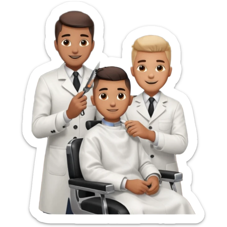 Barber cutting boys hair. Show the boy sat in black barber chair and both having smiles on their faces sticker