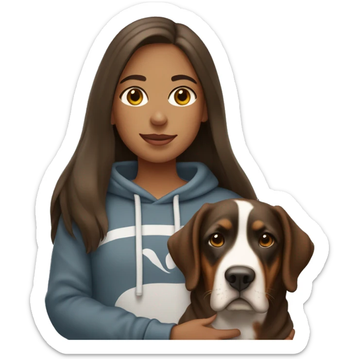 girl with long brown hair in a sweatshirt holding a greater swiss mountain dog sticker