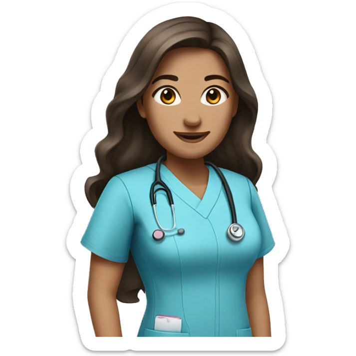 Nurse, woman, long brunette hair, pink scrubs sticker