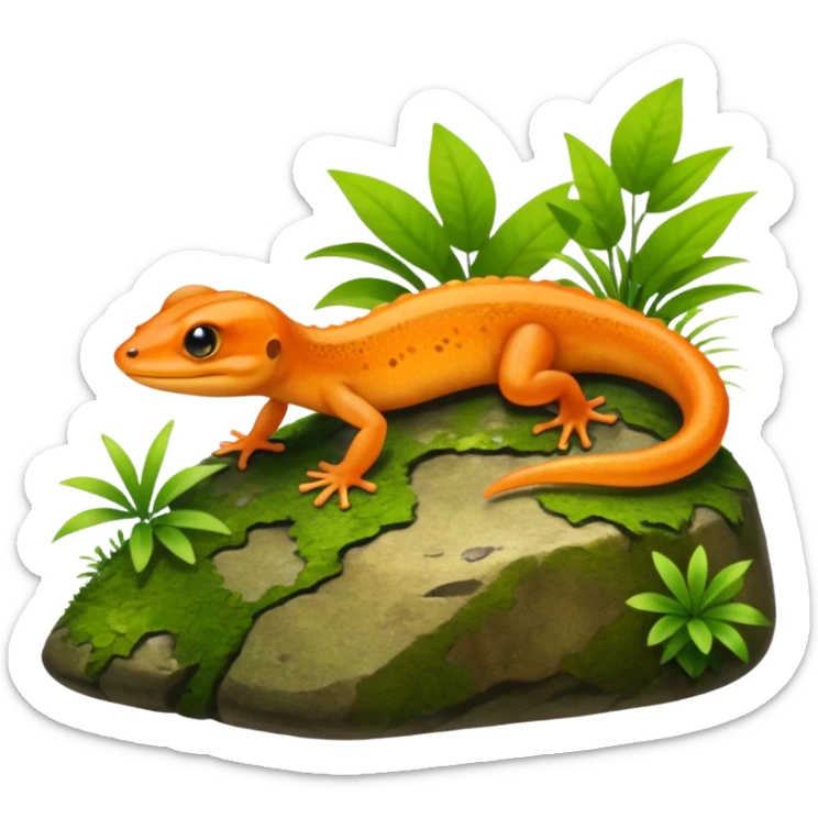 A small orange-brown newt on a mossy rock near a pond. Realistic lighting, visible tail, green plants and soft sunlight, detailed wildlife photo. sticker