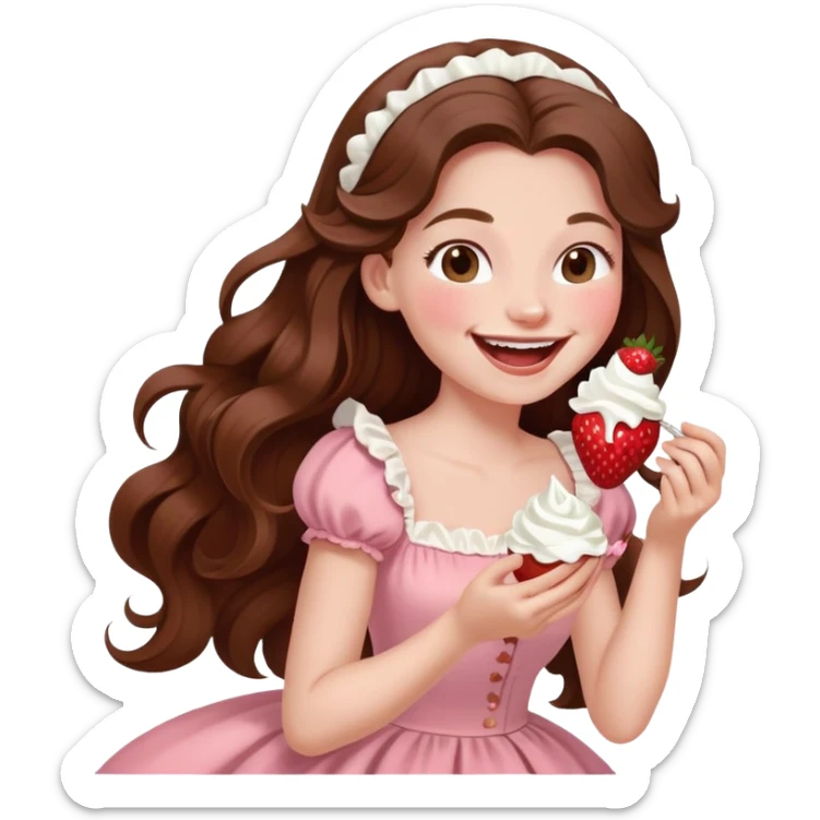 Girl with long brown hair eating strawberries and whipped cream, laughing pale pink elegant timeless  sticker