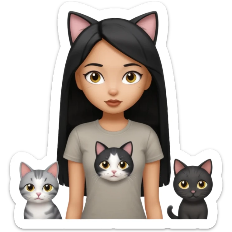 a pretty bratz dusky girl with long straight hair with four cats nd wearing a grey tshirt sticker