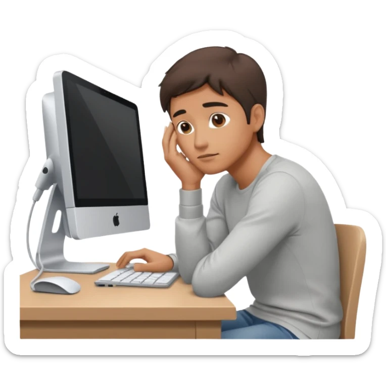 emoji of a man sitting at the table with an imac on it, a man is sitting in a very thoughtful pose, he has his hands on the table and his head resting on them sticker