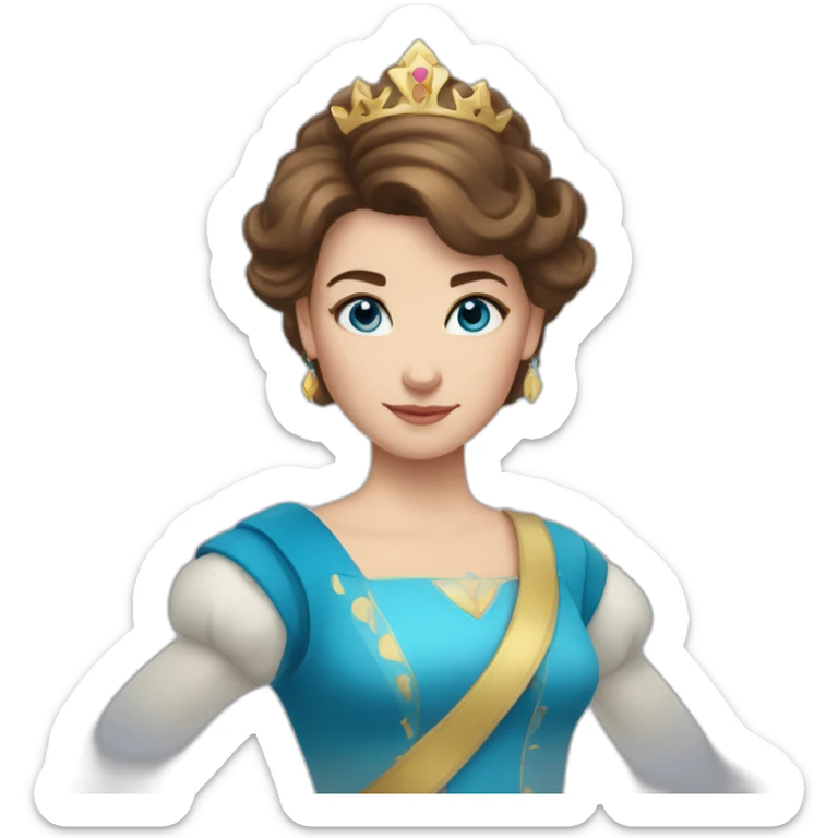 a girl with short brown hair and blue eyes in a princess asterisk costume sticker