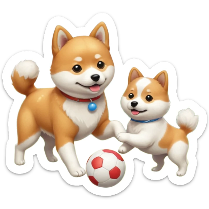 2 dogs, a ginger shiba inu and a small white dog breed coton de tulear, playing with a ball in a sunny garden sticker