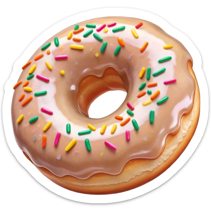Cinematic Realistic Donut Dessert Emoji, depicted as a fluffy glazed donut with colorful sprinkles rendered with detailed textures and playful, warm lighting. sticker