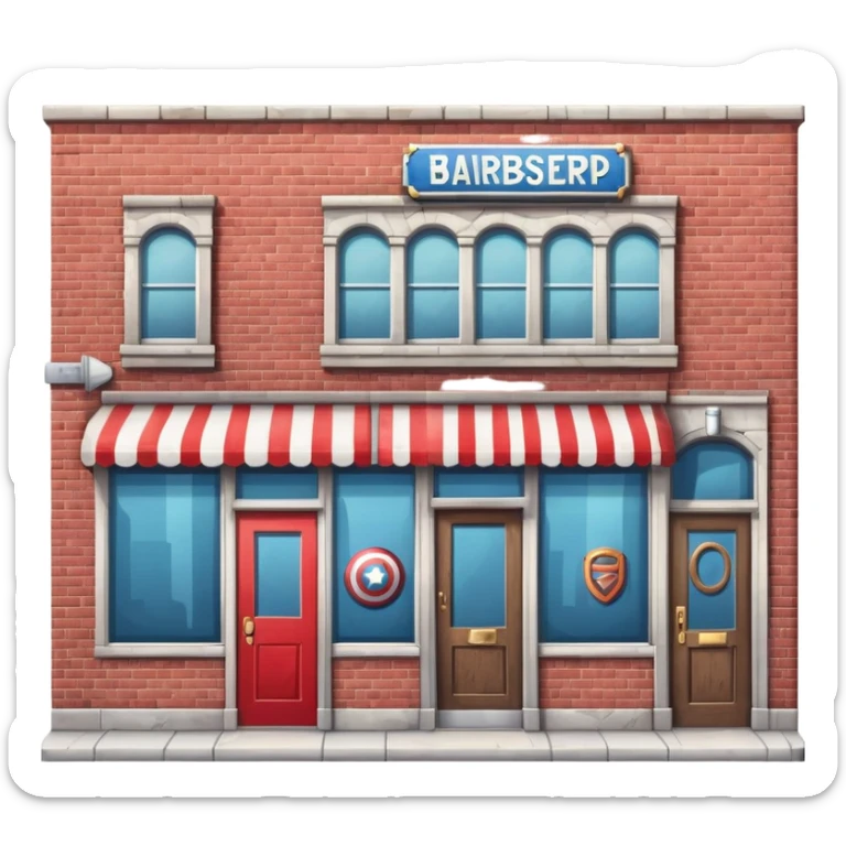 barbershop exterior with secret superhero lair hidden inside, barber pole, secret entrance sticker