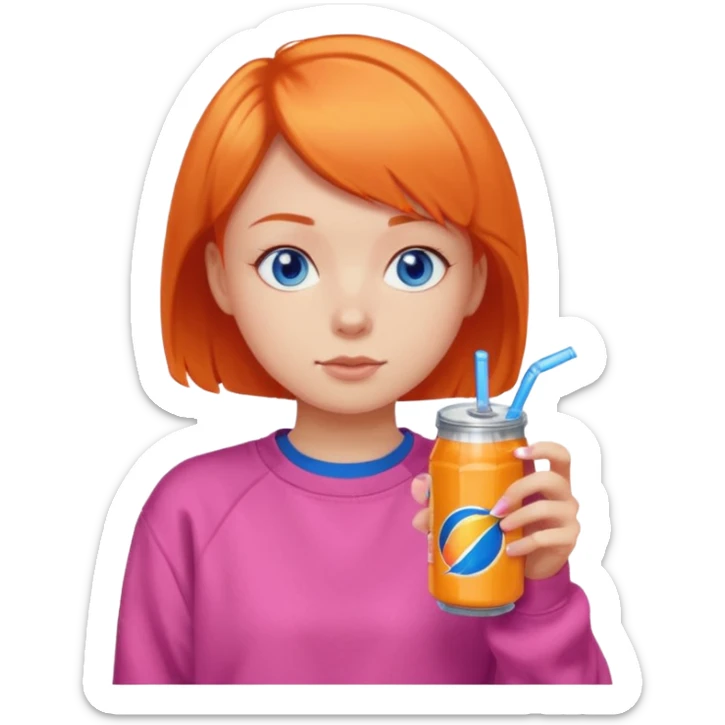 orange short hair girl sipping energy drink, blue eyes, pink sweatshirt sticker