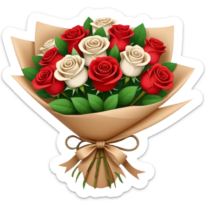 Rose bouquet wrapped in light brown paper, red and white roses. The paper must show at the back and the bow must be rope. White and res roses. Just a bit bigger sticker