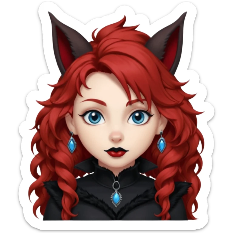  long curly red hair (darker), red pointed ears with black trim, black goth outfits, body and face human, blue eyes, more pointy chin, black lipstick, big fluffy red squirrel tail with black tips, like the attached photo with more outfits and poses,  sticker