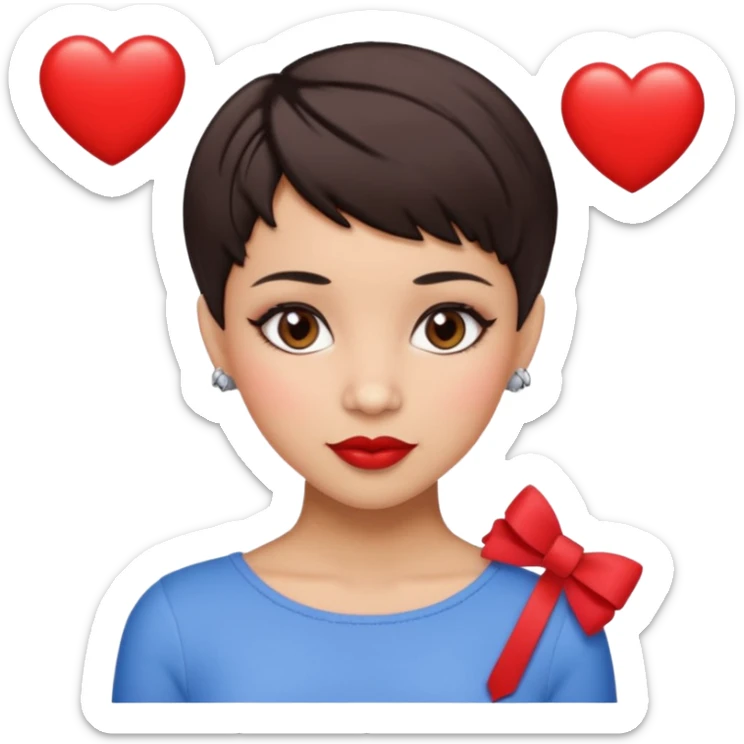 woman pixie cut dark brown hair with barrettes, hispanic, brown oval eyes, heart shaped face sticker