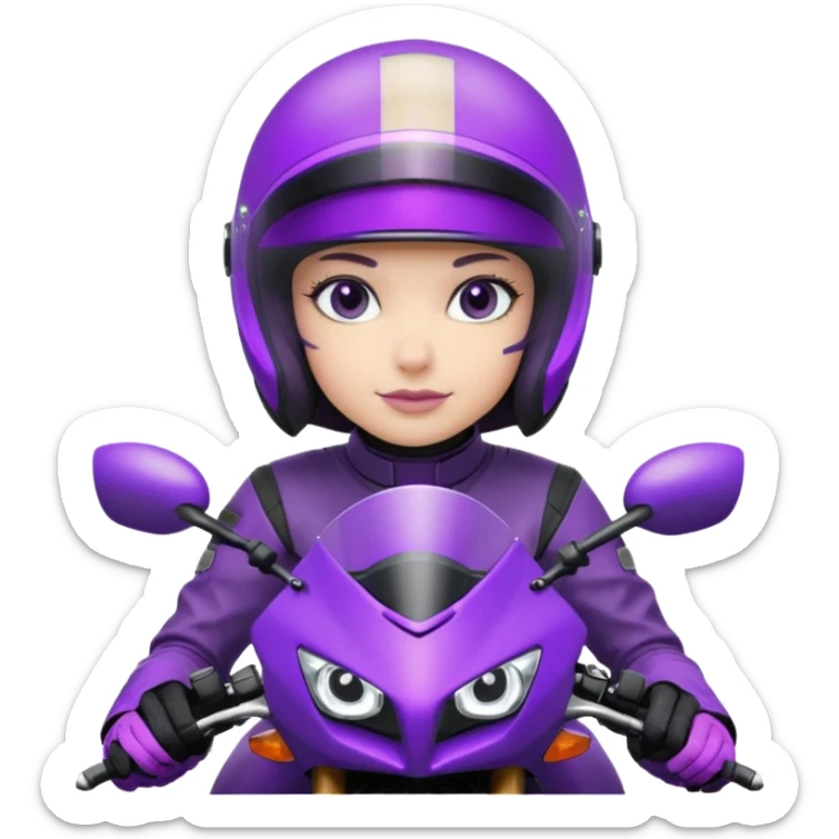 Créer un emoji avec une moto mt07 sport noir mate / violet iridescent très foncé. Avec une pilote dessus visière violet sombre faceless, bulle de la moto violet. Avec fond arrière violet, tenue complète casque inclus violet  sticker