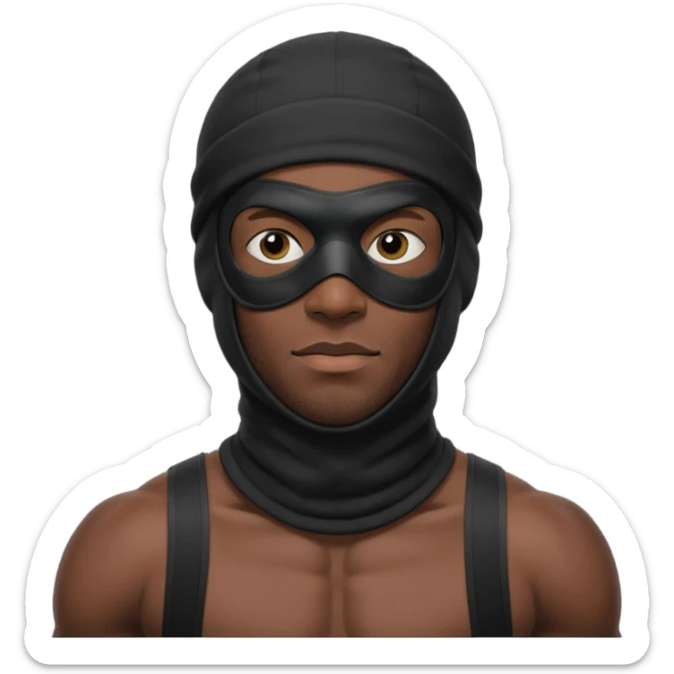 smug muscular african male black ski mask wearing guy with no top. wears a full ski mask with only eyes revealed sticker