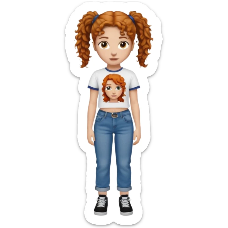 Girl with brow when ginger curly hair in one ponytail with a tupac shirt and loose jeans sticker